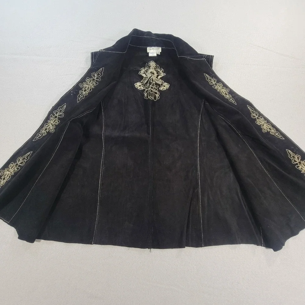 Coldwater Creek Vest Embroidered Suede Leather Black Western Boho Women's 1X